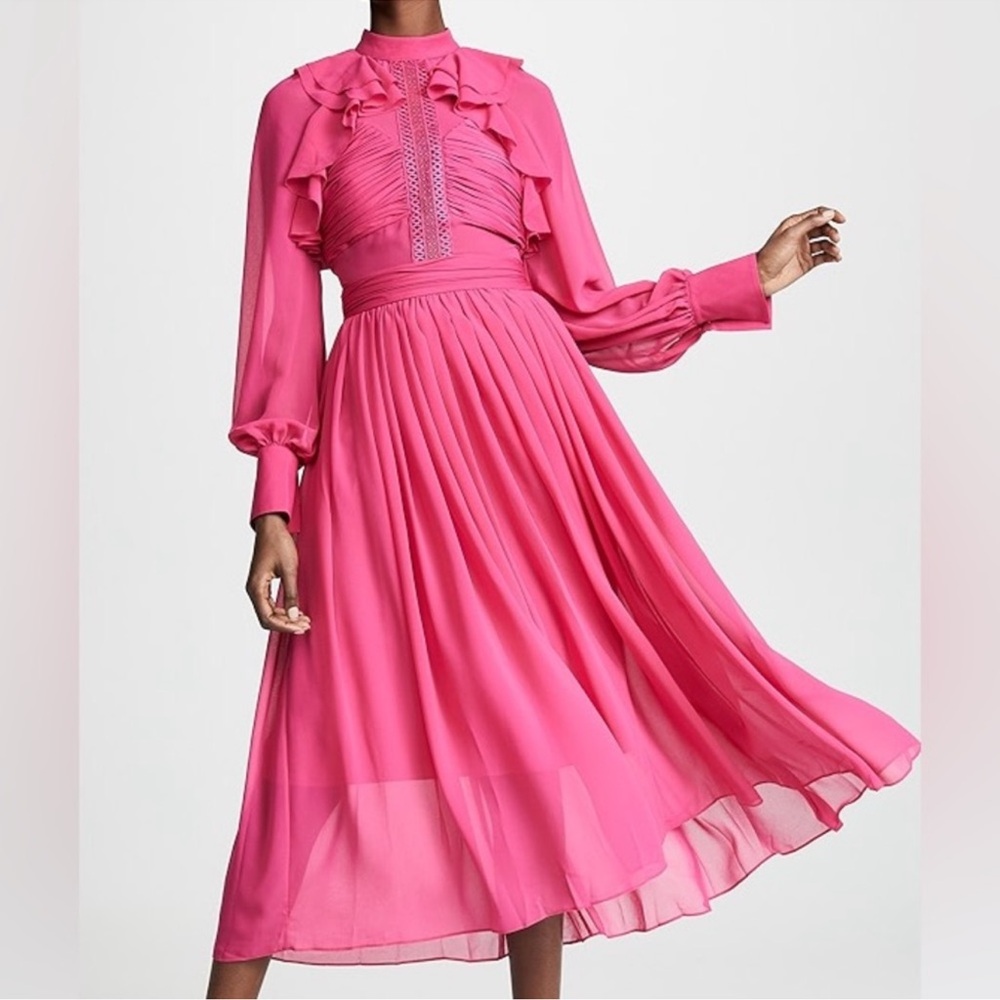 Self-Portrait Pink Flared Chiffon Ruffle Midi Dress Long Sleeve Size 8